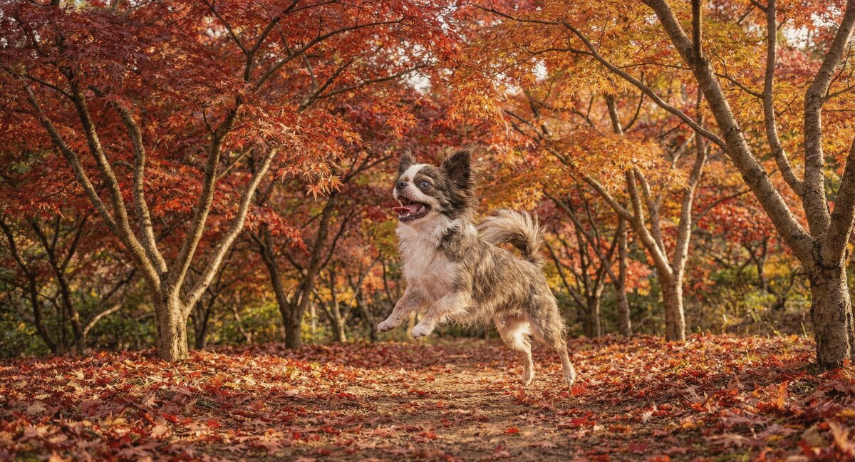 AI-generated image of Romeo playing in autumn leaves in a Japanese maple forest - pawed.ai pet tribute