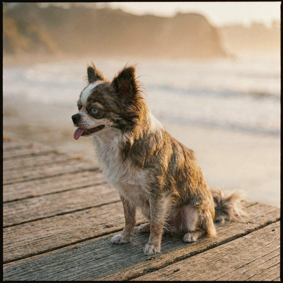 AI-generated image of Romeo sitting on a boardwalk at sunset by the ocean - pawed.ai pet tribute
