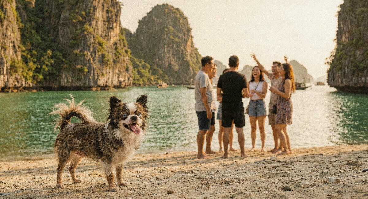AI-generated image of Romeo on the beach at Ha Long Bay - pawed.ai pet tribute