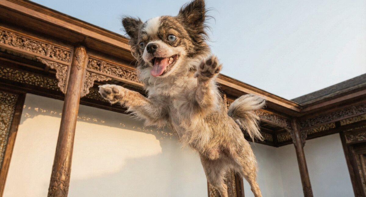 AI-generated image of Romeo jumping joyfully at an ornate pavilion - pawed.ai pet tribute