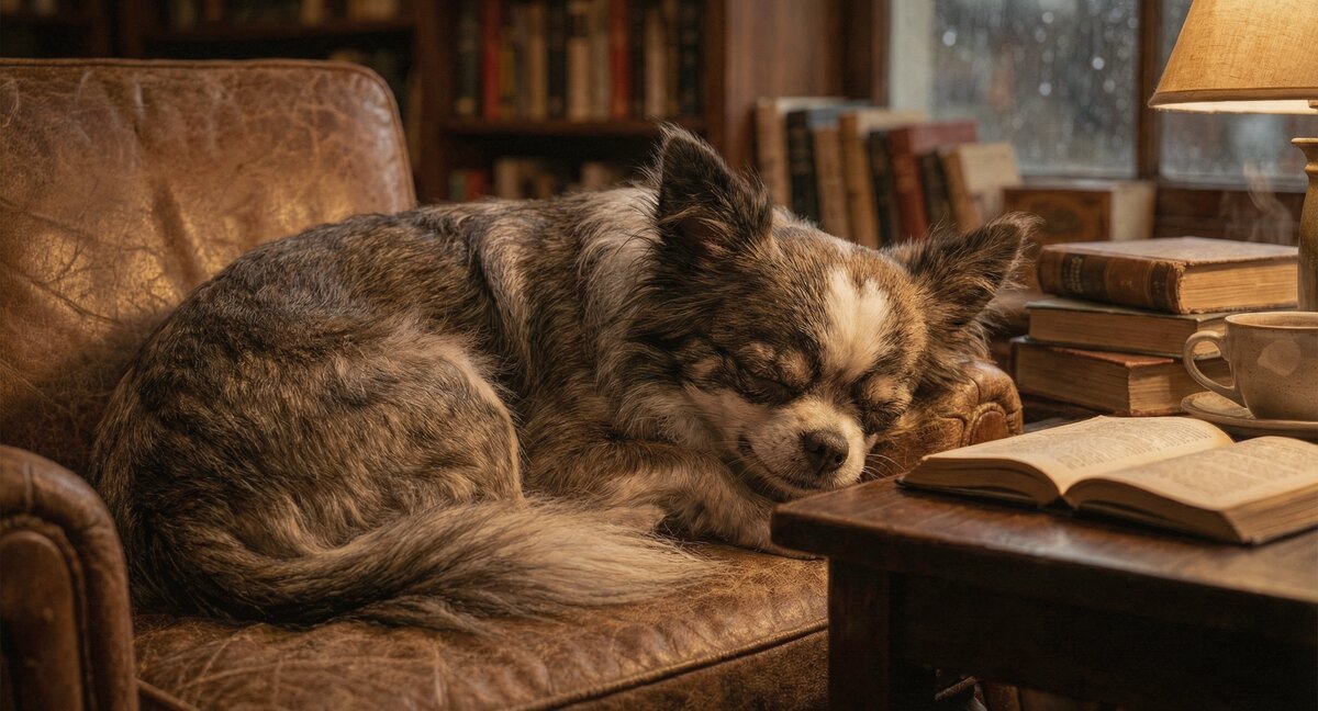 AI-generated image of Romeo sleeping in a cosy leather armchair with books - pawed.ai pet tribute