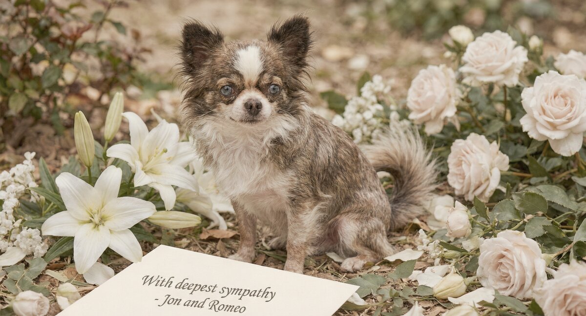 AI-generated memorial image of Romeo sitting among lilies and roses - pawed.ai pet tribute