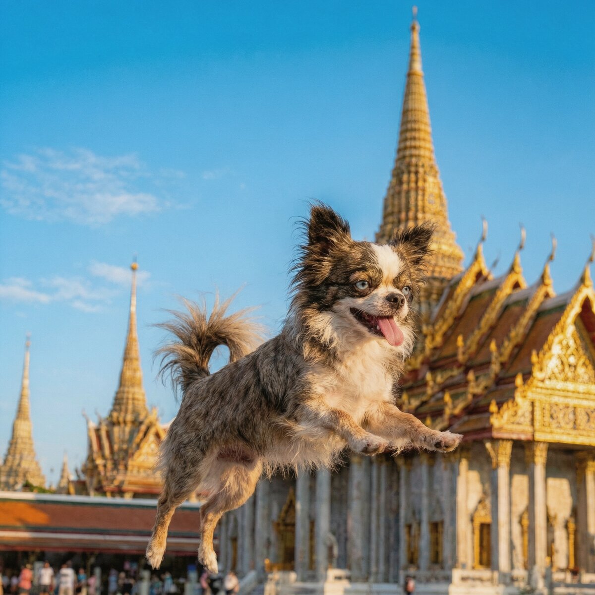 AI-generated image of Romeo leaping at a Thai temple - pawed.ai pet tribute