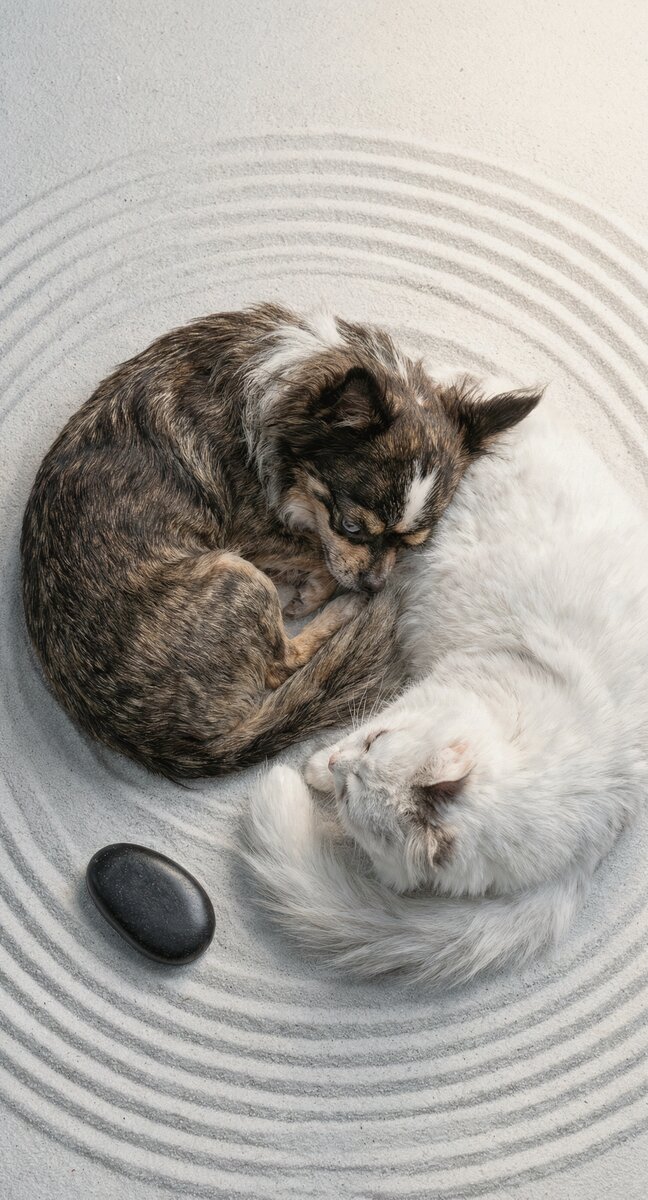 AI-generated image of Romeo and cat curled together in a zen sand garden - pawed.ai pet tribute